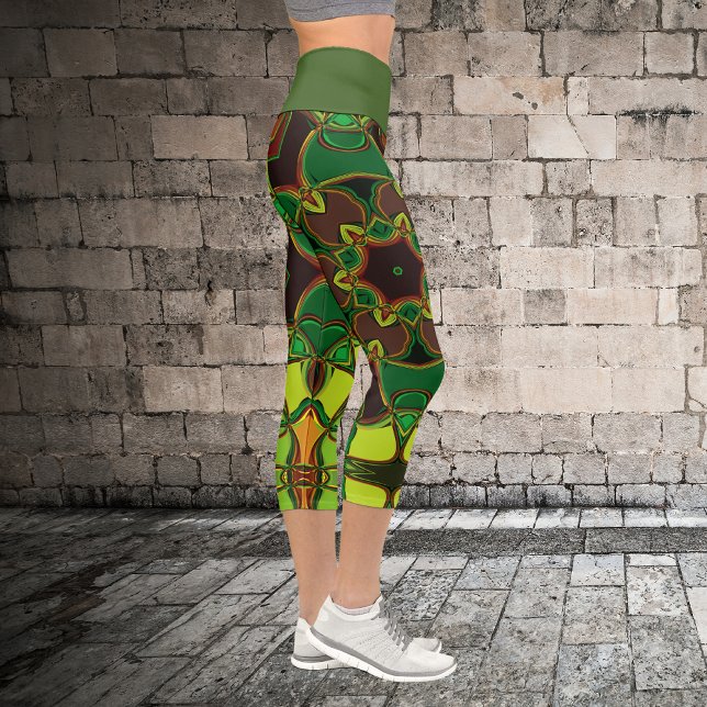 Cartoon Mandala Flower Green Yellow and Orange Capri Leggings (Creator Uploaded)