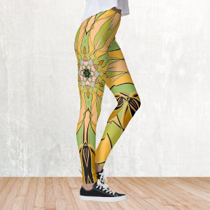 Cartoon Mandala Flower Green Yellow and Orange Leggings