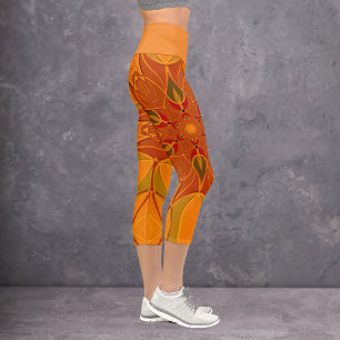 Cartoon Mandala Flower Orange and Red Capri Leggings