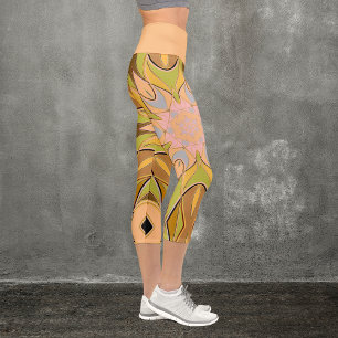 Cartoon Mandala Flower Orange Green and Blue Capri Leggings