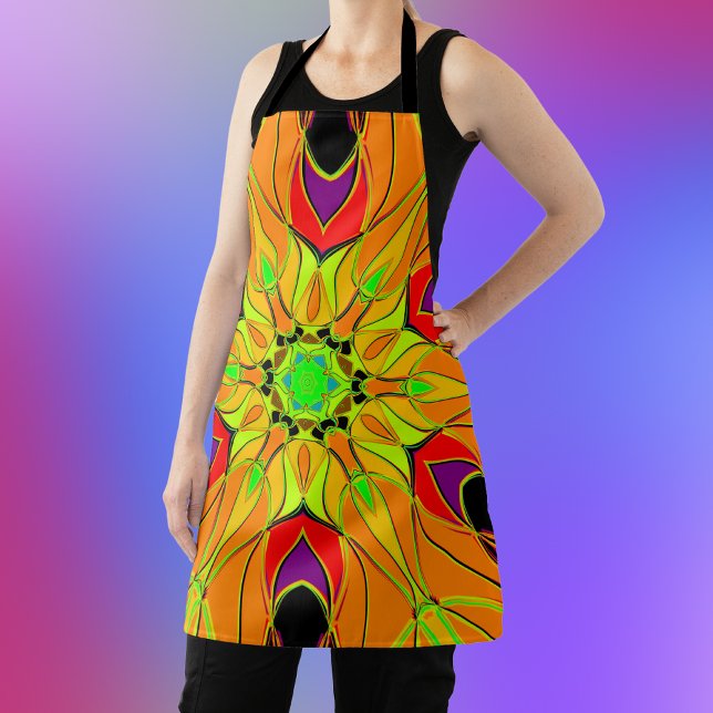 Cartoon Mandala Flower Orange Green and Red Apron (Creator Uploaded)