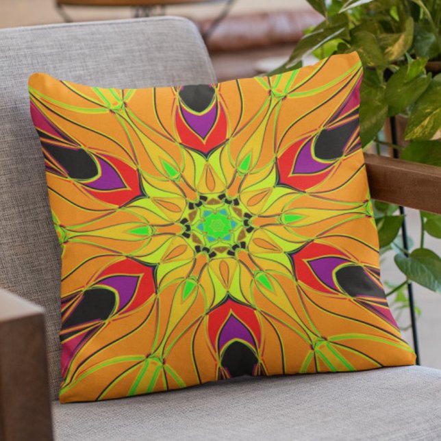 Cartoon Mandala Flower Orange Green and Red Cushion (Creator Uploaded)