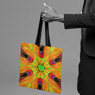 Cartoon Mandala Flower Orange Green and Red Tote Bag
