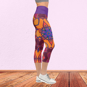 Cartoon Mandala Flower Orange Purple and Blue Capri Leggings