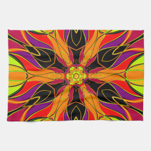 Cartoon Mandala Flower Orange Purple and Red Tea Towel