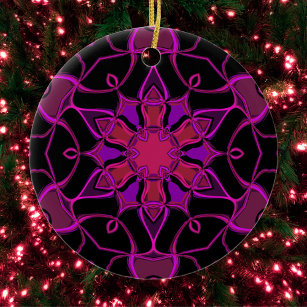 Cartoon Mandala Flower Pink and Black Ceramic Tree Decoration