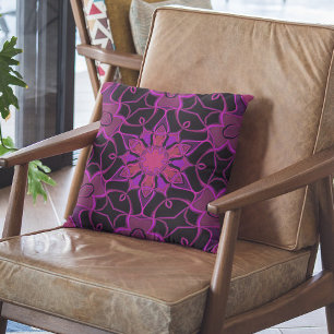 Cartoon Mandala Flower Pink and Black Cushion