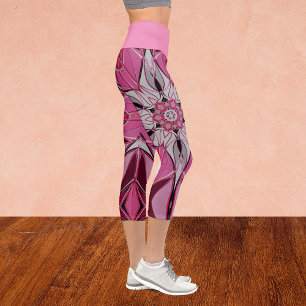 Cartoon Mandala Flower Pink and White Capri Leggings