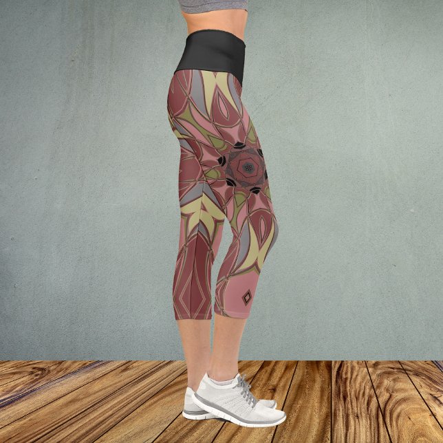 Cartoon Mandala Flower Pink and Yellow Capri Leggings (Creator Uploaded)