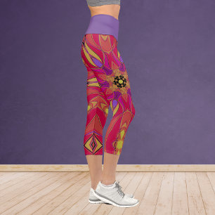 Cartoon Mandala Flower Pink Yellow and Purple Capri Leggings