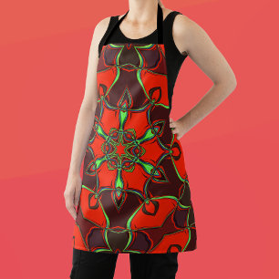 Cartoon Mandala Flower Red and Teal Apron