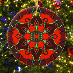 Cartoon Mandala Flower Red and Teal Ceramic Tree Decoration