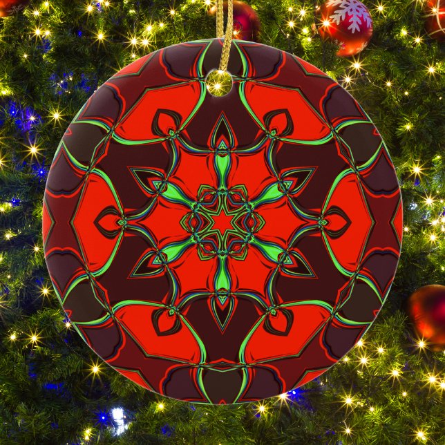 Cartoon Mandala Flower Red and Teal Ceramic Tree Decoration (Creator Uploaded)