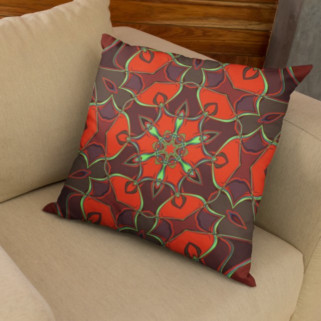 Cartoon Mandala Flower Red and Teal Cushion (Creator Uploaded)