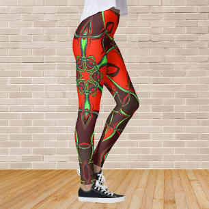 Cartoon Mandala Flower Red and Teal Leggings