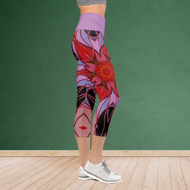 Cartoon Mandala Flower Red Blue and Pink Capri Leggings (Creator Uploaded)