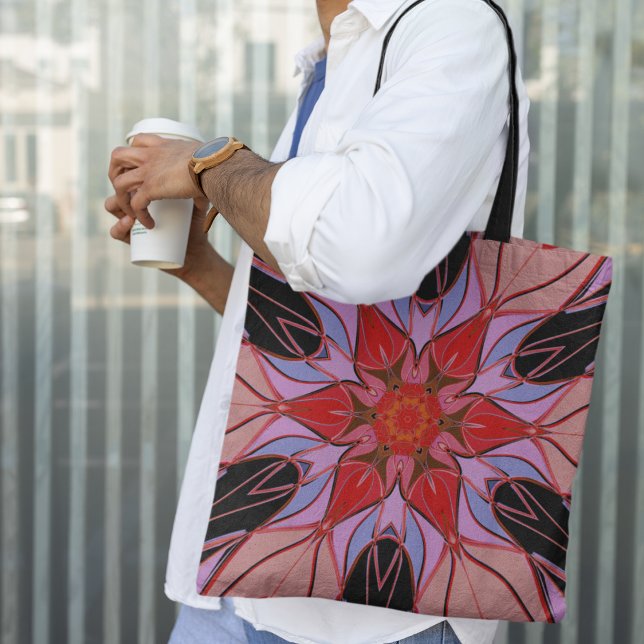 Cartoon Mandala Flower Red Blue and Pink Tote Bag (Creator Uploaded)