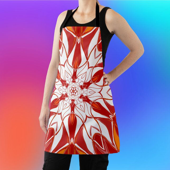 Cartoon Mandala Flower Red Orange and White Apron (Creator Uploaded)