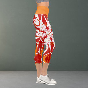 Cartoon Mandala Flower Red Orange and White Capri Leggings