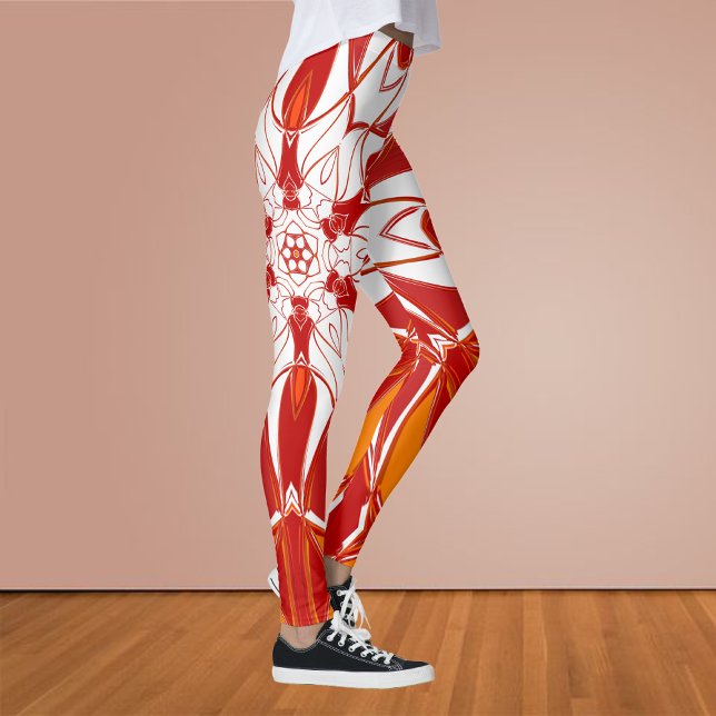 Cartoon Mandala Flower Red Orange and White Leggings (Creator Uploaded)