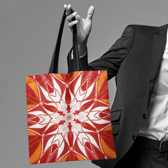 Cartoon Mandala Flower Red Orange and White Tote Bag (Creator Uploaded)