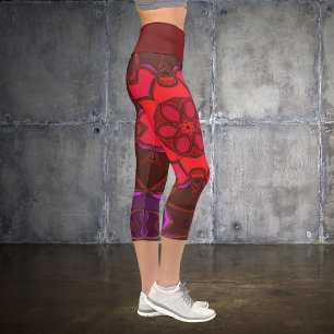 Cartoon Mandala Flower Red Pink and Purple Capri Leggings