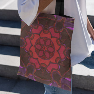 Cartoon Mandala Flower Red Pink and Purple Tote Bag