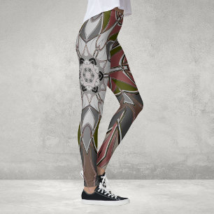 Cartoon Mandala Flower White Red and Green Leggings