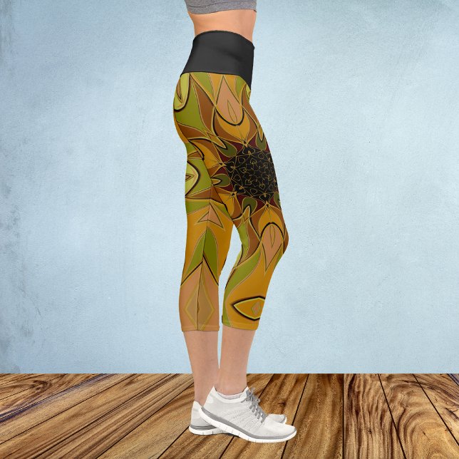 Cartoon Mandala Flower Yellow and Green Capri Leggings (Creator Uploaded)