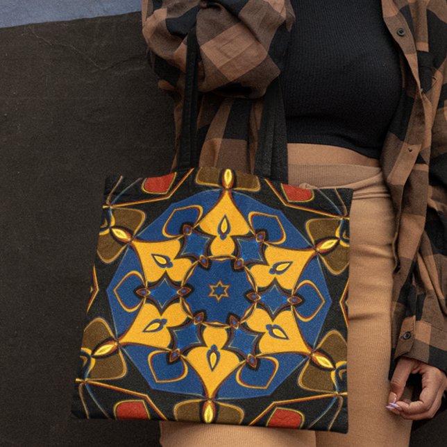 Cartoon Mandala Flower Yellow Blue and Orange Tote Bag (Creator Uploaded)