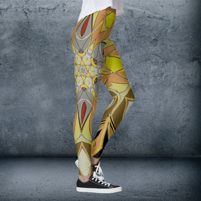 Cartoon Mandala Flower Yellow Grey and Red Leggings (Creator Uploaded)