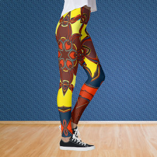 Cartoon Mandala Flower Yellow Orange and Blue Leggings