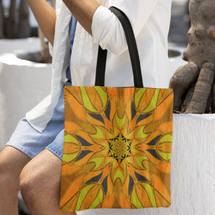 Cartoon Mandala Flower Yellow Orange and Blue Tote Bag