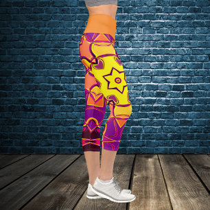 Cartoon Mandala Flower Yellow Orange and Pink Capri Leggings