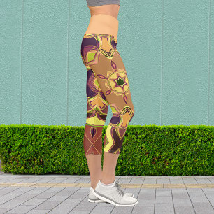 Cartoon Mandala Flower Yellow Purple and Orange Capri Leggings