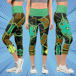 Cartoon Mandala Green Black and Yellow Capri Leggings
