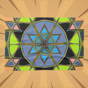 Cartoon Mandala Green Blue and Orange Tea Towel