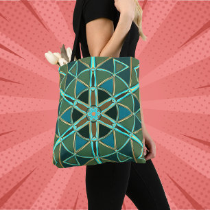 Cartoon Mandala Green Blue and Yellow Tote Bag