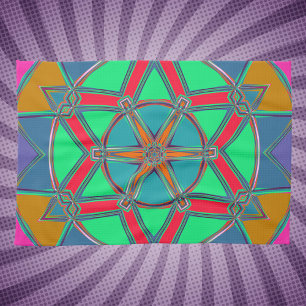 Cartoon Mandala Green Red and Blue Tea Towel