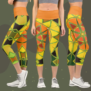 Cartoon Mandala Yellow Orange and Green Capri Leggings