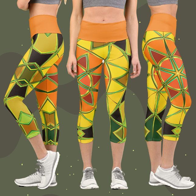 Cartoon Mandala Yellow Orange and Green Capri Leggings (Creator Uploaded)