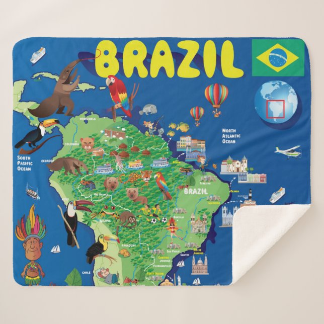 Cartoon Map of Brazil Sherpa Blanket (Front (Horizontal))