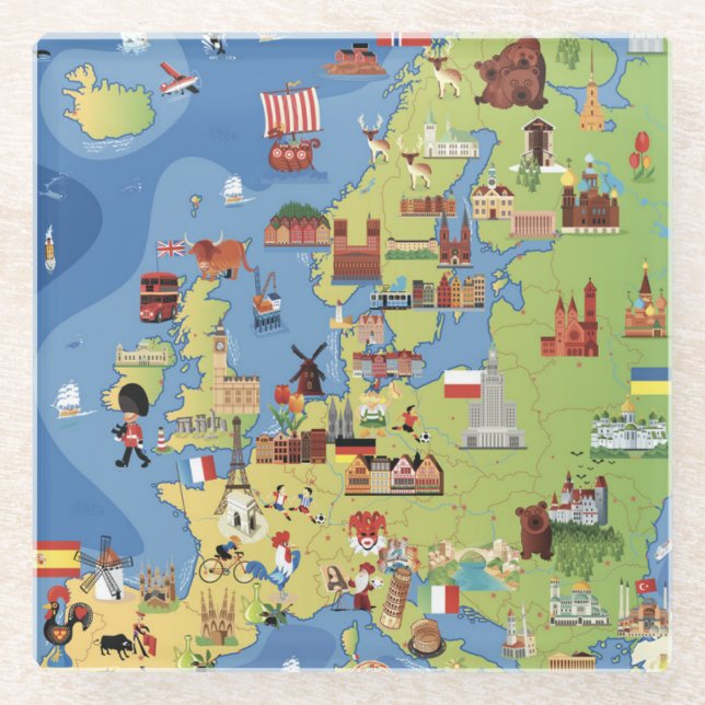 Cartoon Map of Europe Glass Coaster (Front)