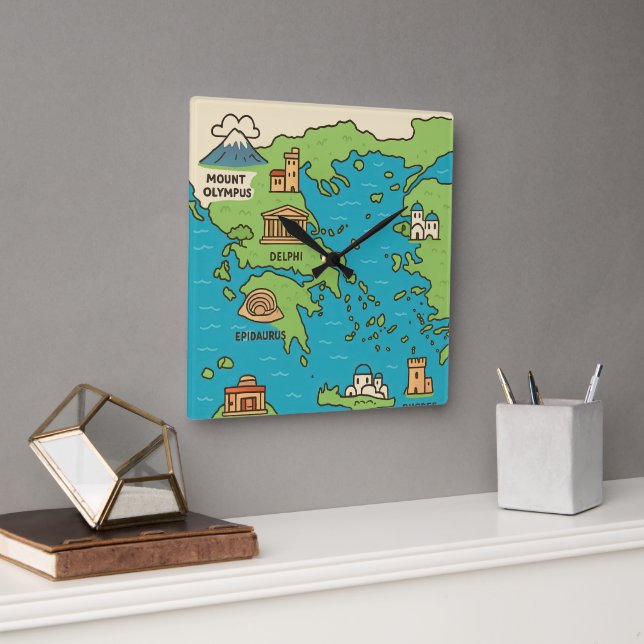 Cartoon Map of Greece – Illustrated Landmarks  Square Wall Clock (Office)