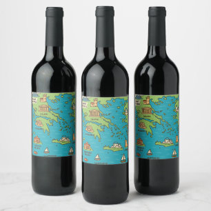 Cartoon Map of Greece – Illustrated Landmarks Wine Label