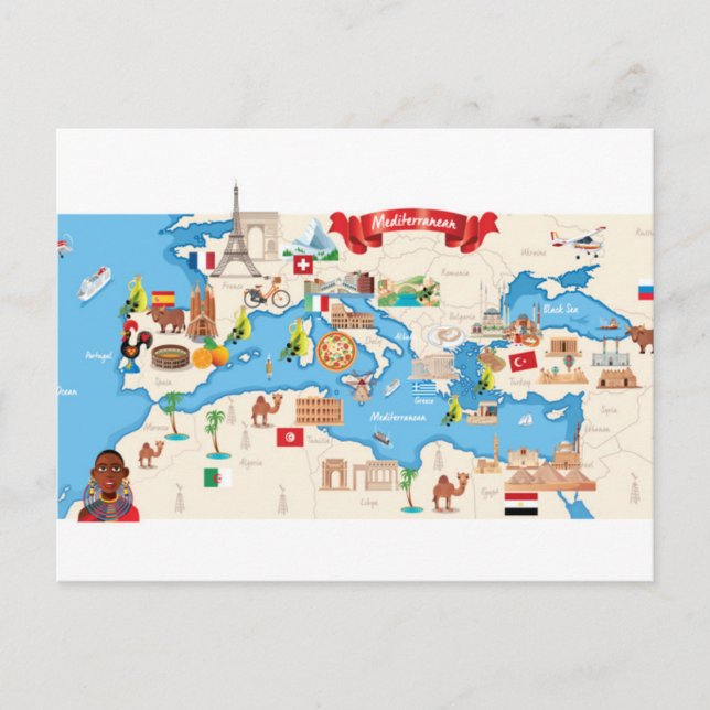 Cartoon Map of The Mediterranean Postcard (Front)