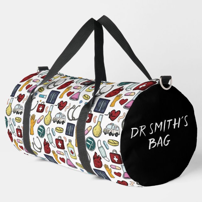 Cartoon medical doctor nurse science custom name duffle bag (Left Corner)