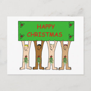 Cartoon Men Wearing Christmas Mistletoe Postcard