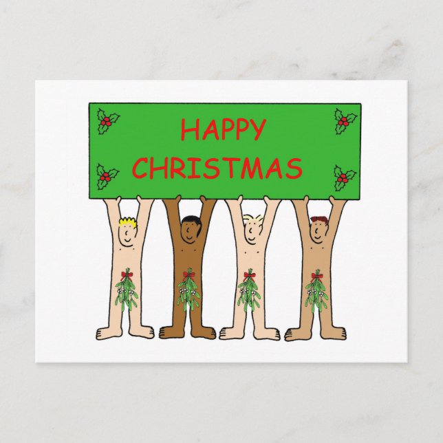 Cartoon Men Wearing Christmas Mistletoe Postcard (Front)