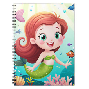 cartoon mermaid girl in the sea with fish notebook